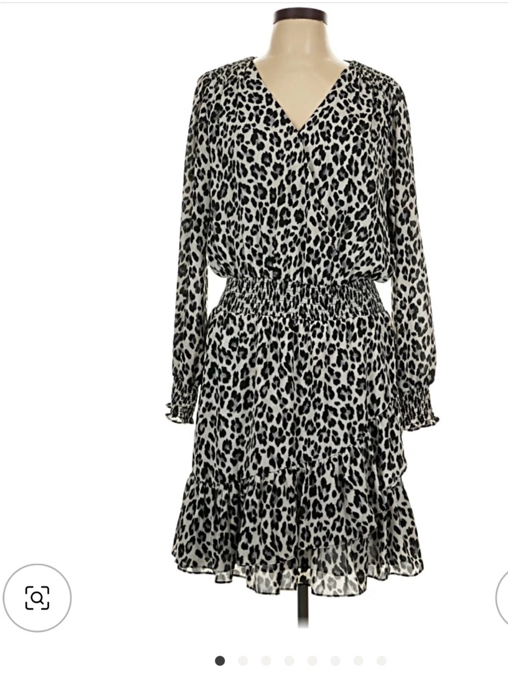Vince Camuto Black & White Leopard Long Sleeve Smocked Waist Dress